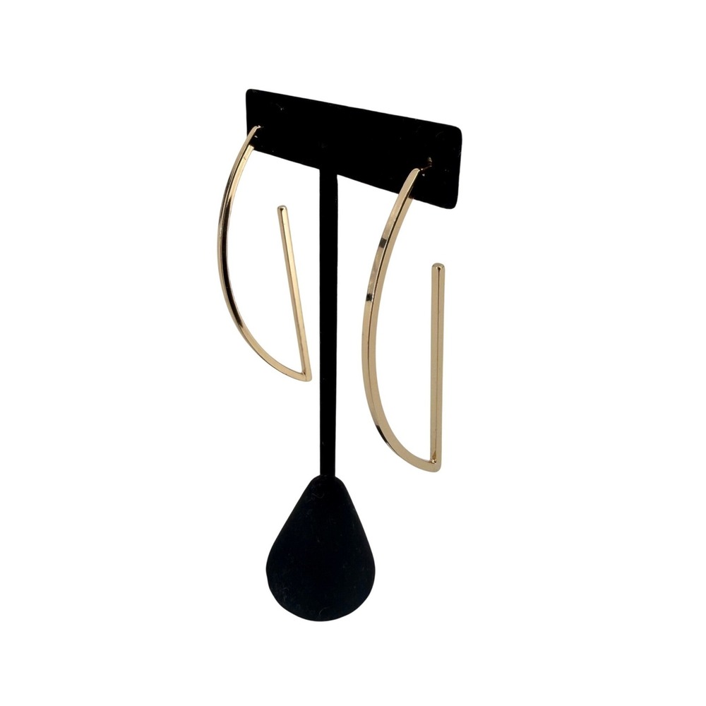 Gold Tone Geometric D-Shape Hoop Earrings Minimalist Statement Post Back